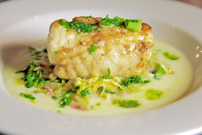 Roast Monkfish with Irish Style Cabbage, Potato Sauce and Scallion Butter