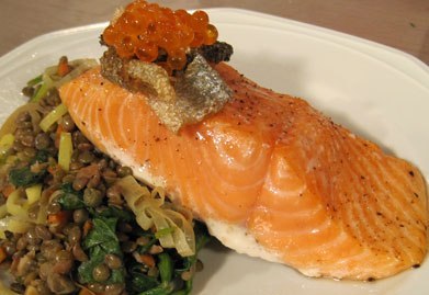 Oven Roasted King Salmon with Braised Lentils and Spinach