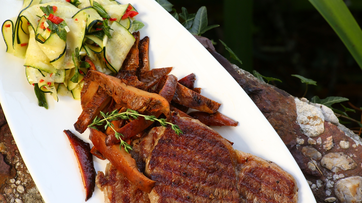 Seared Wagyu with Mushroom Ragu and Zucchini Salad