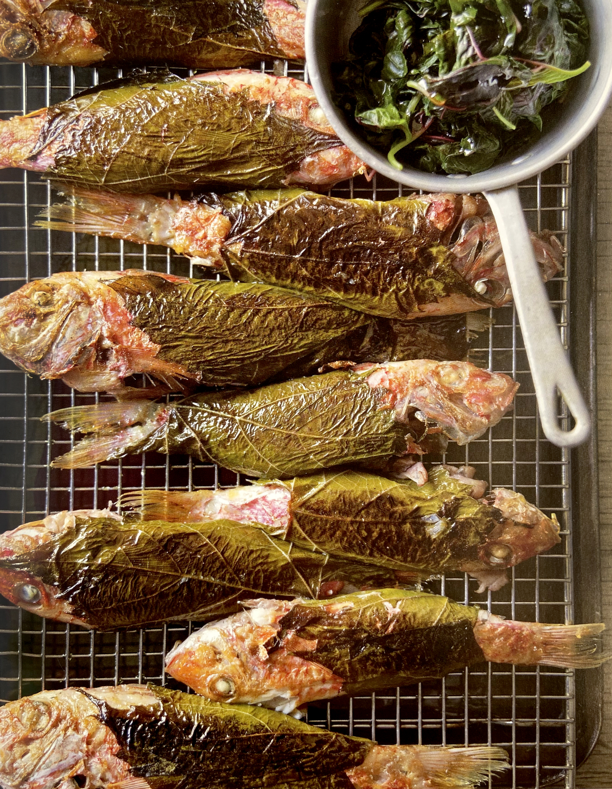 Barbounia Wrapped in Vine Leaves with Marouli Salad