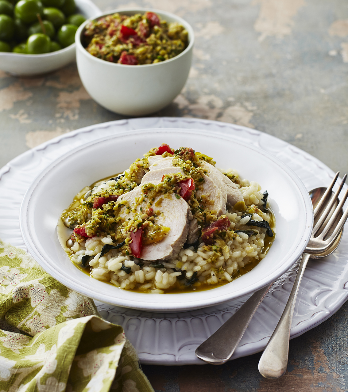Lemon Poached Chicken with Silverbeet Risotto and Herb Dressing
