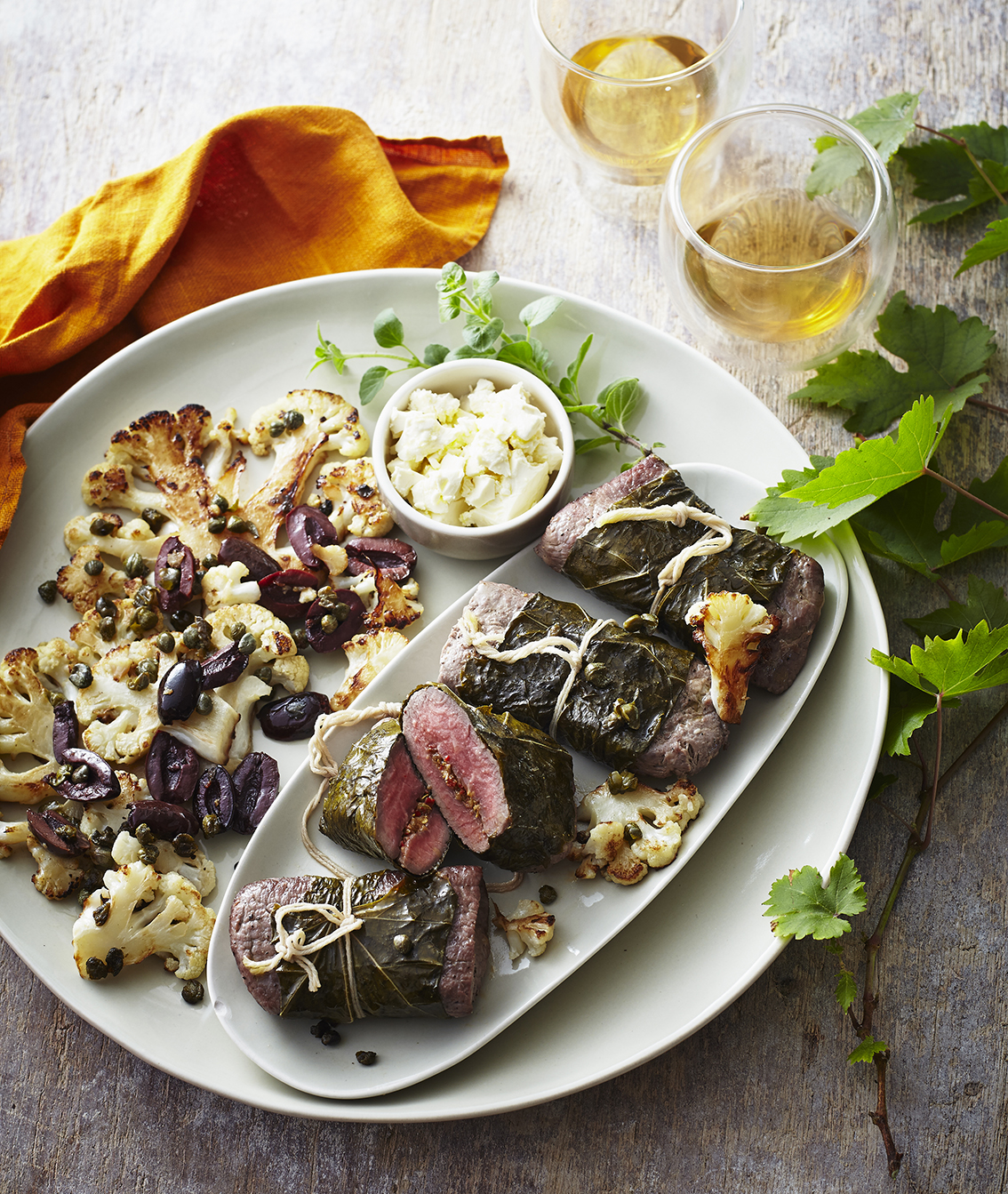 Lamb in Fresh Vine Leaves with Warm Cauliflower Salad