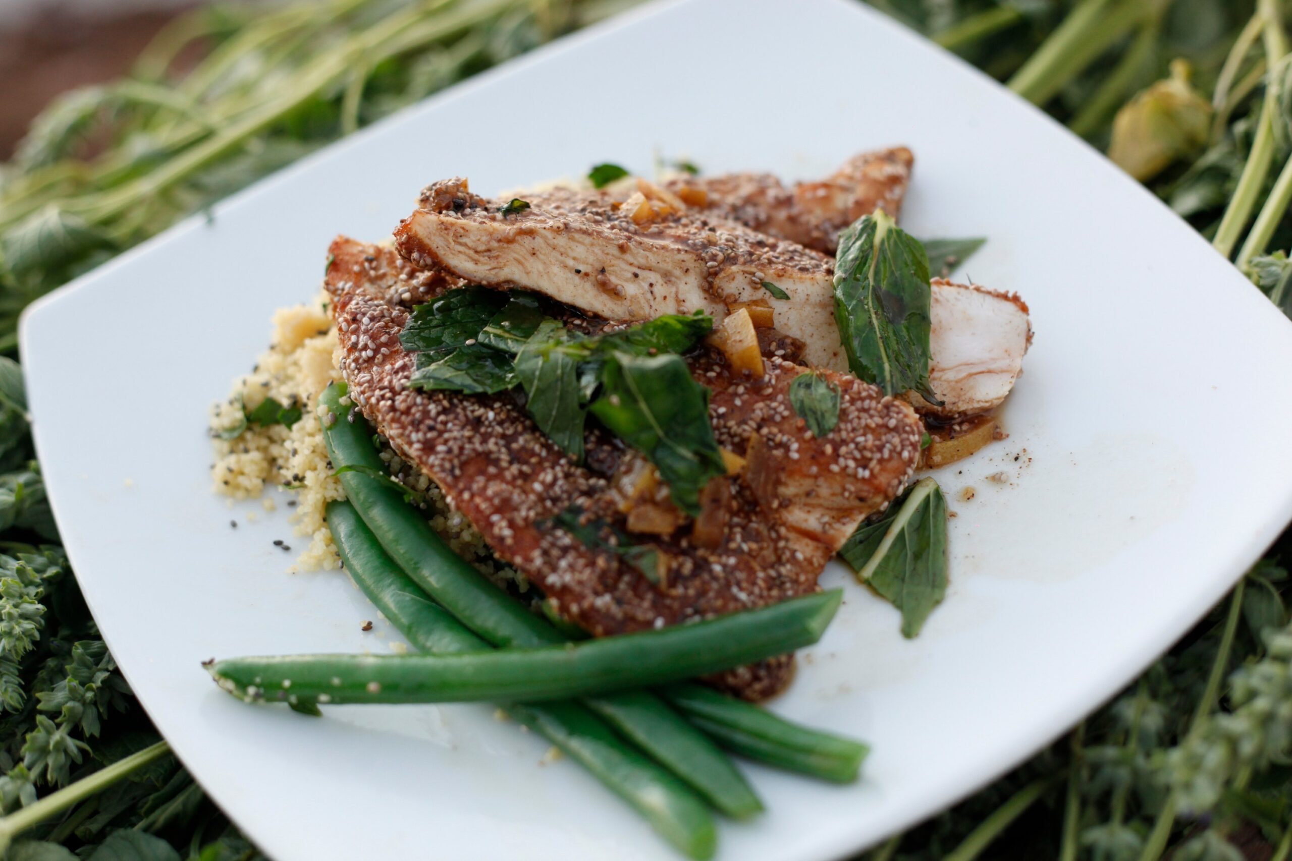 Chia crusted Moroccan Chicken Breast with Chia Couscous
