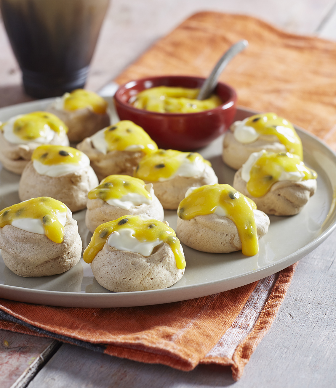 Brown Sugar Meringues with Passion Fruit Curd