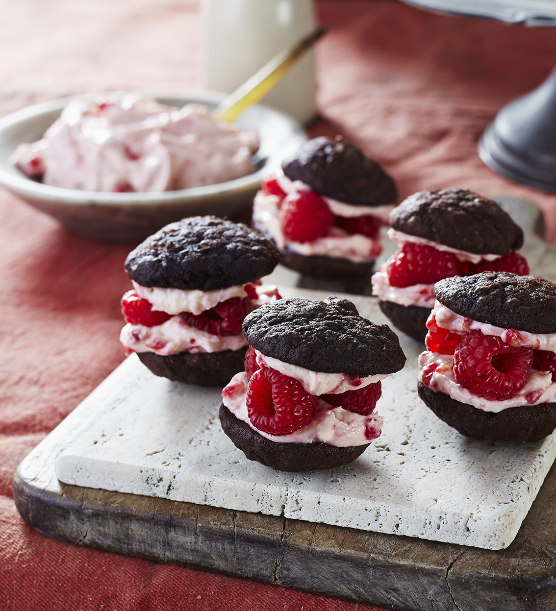Chocolate Sponge Kisses with Rose and Raspberry filling