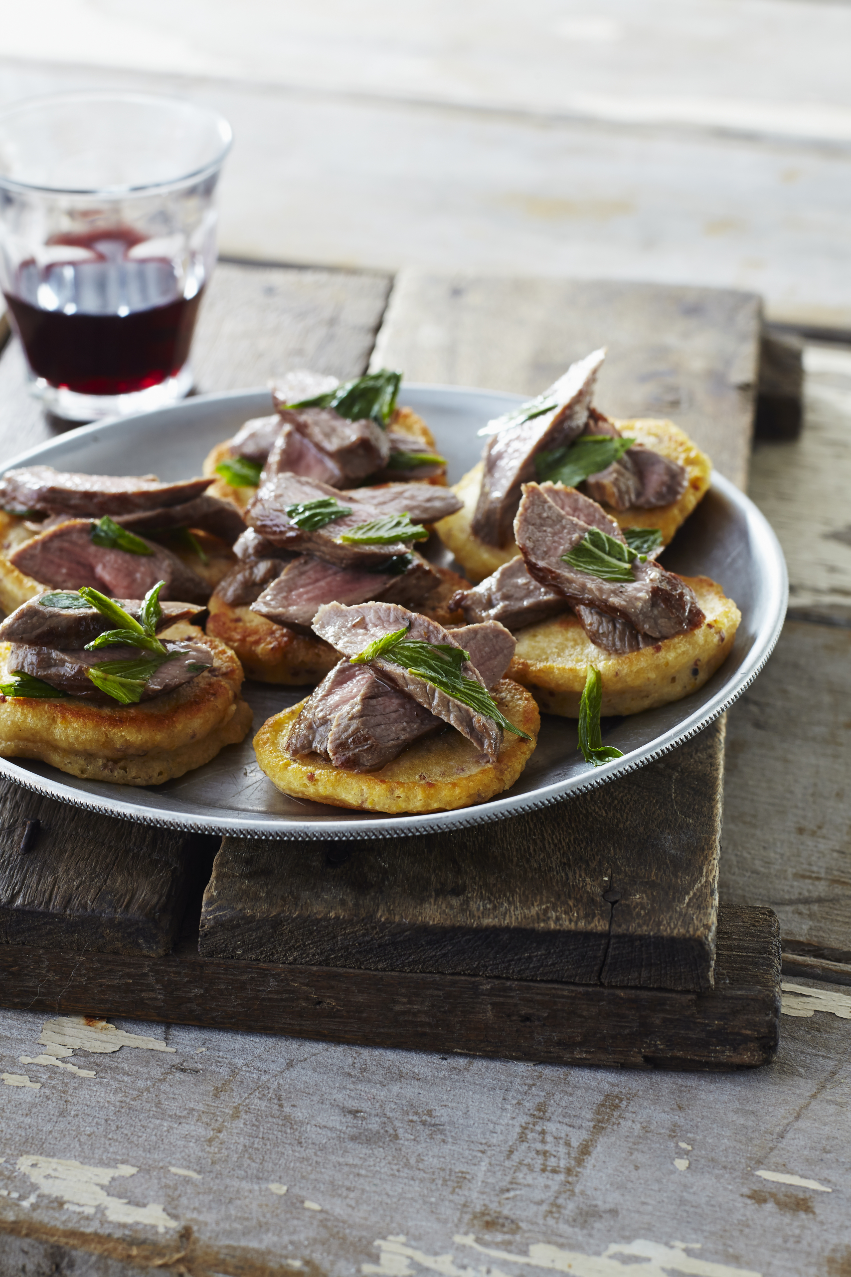 Mustard Pikelets with Minted Lamb