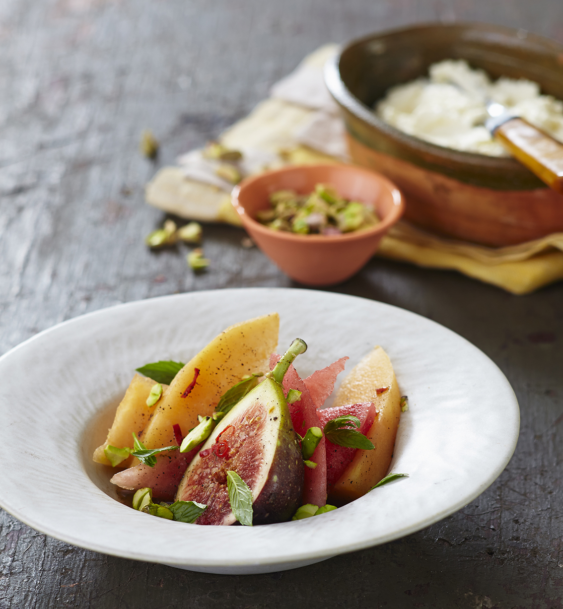 Melon with Spiced Sparkling Drizzle, Quark and Pistachios