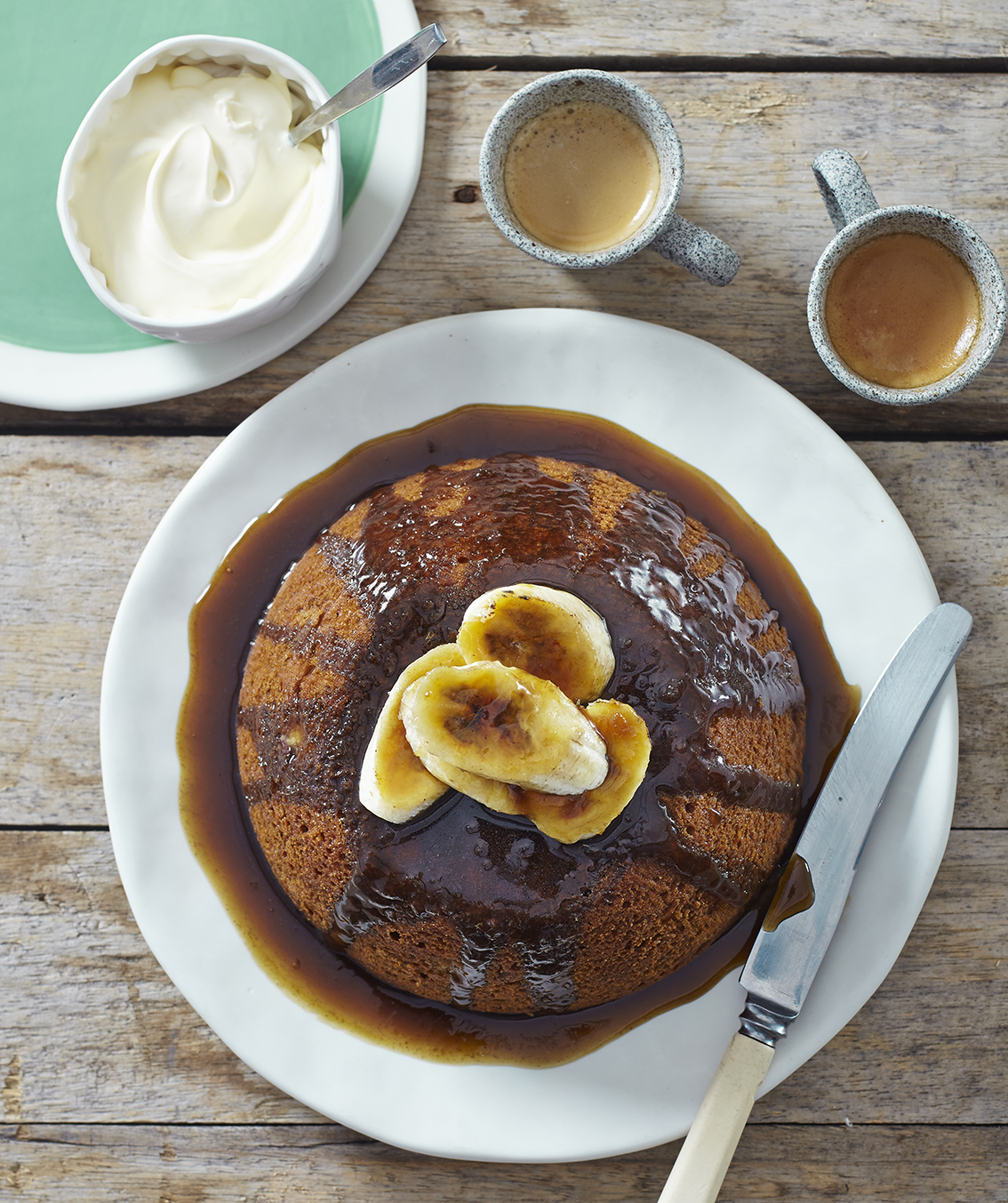 Steamed Banana and Ginger Pudding with Coffee Ginger Glaze and Bruleed Bananas