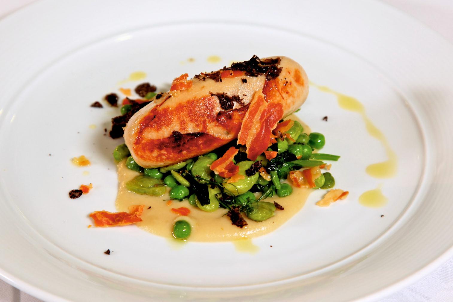Rabbit Boudin with Broad Beans, Peas and Vichyssoise Sauce