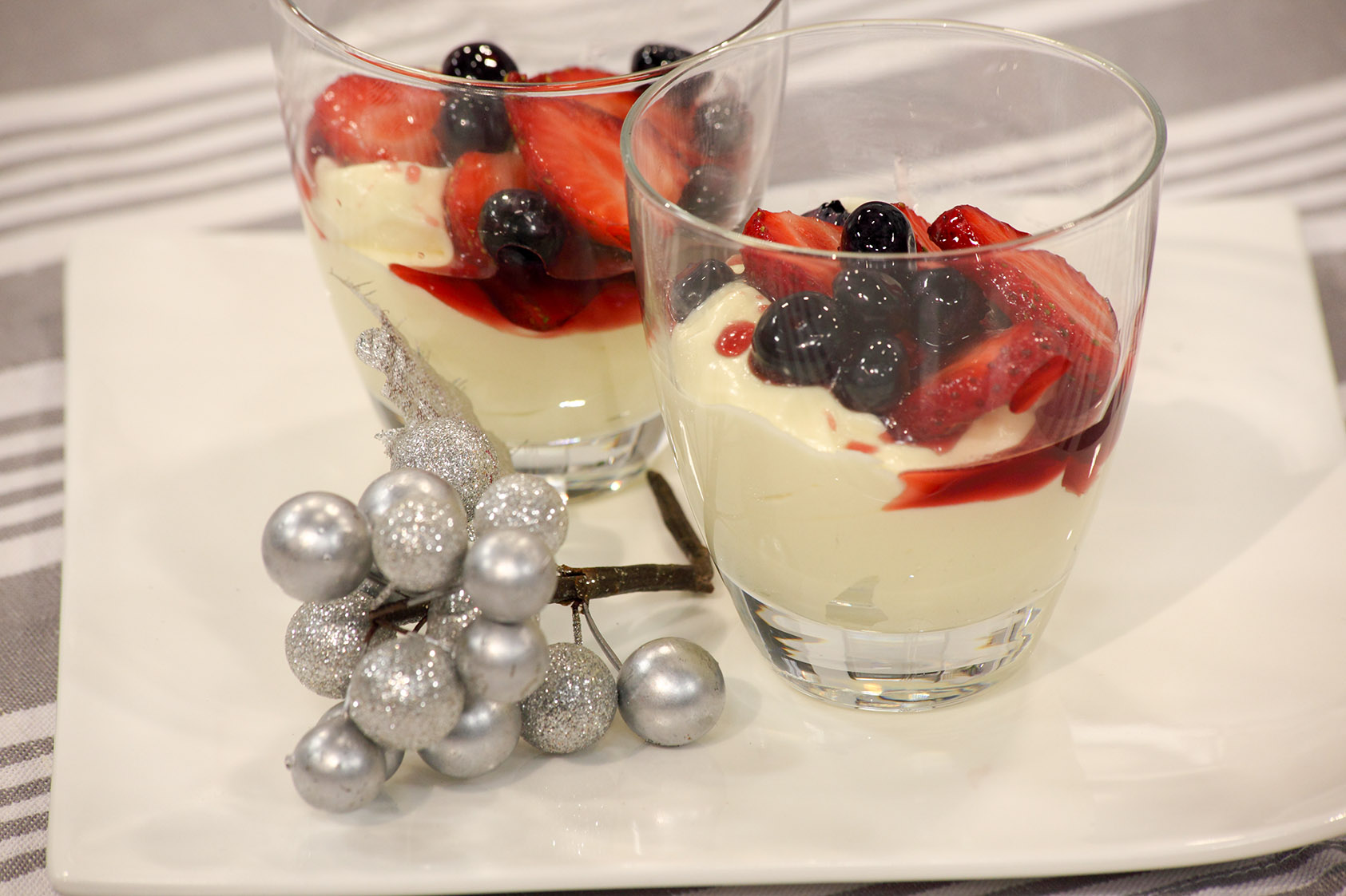 White Chocolate Mascarpone Mousse with Berries in Sparkling Shiraz Syrup
