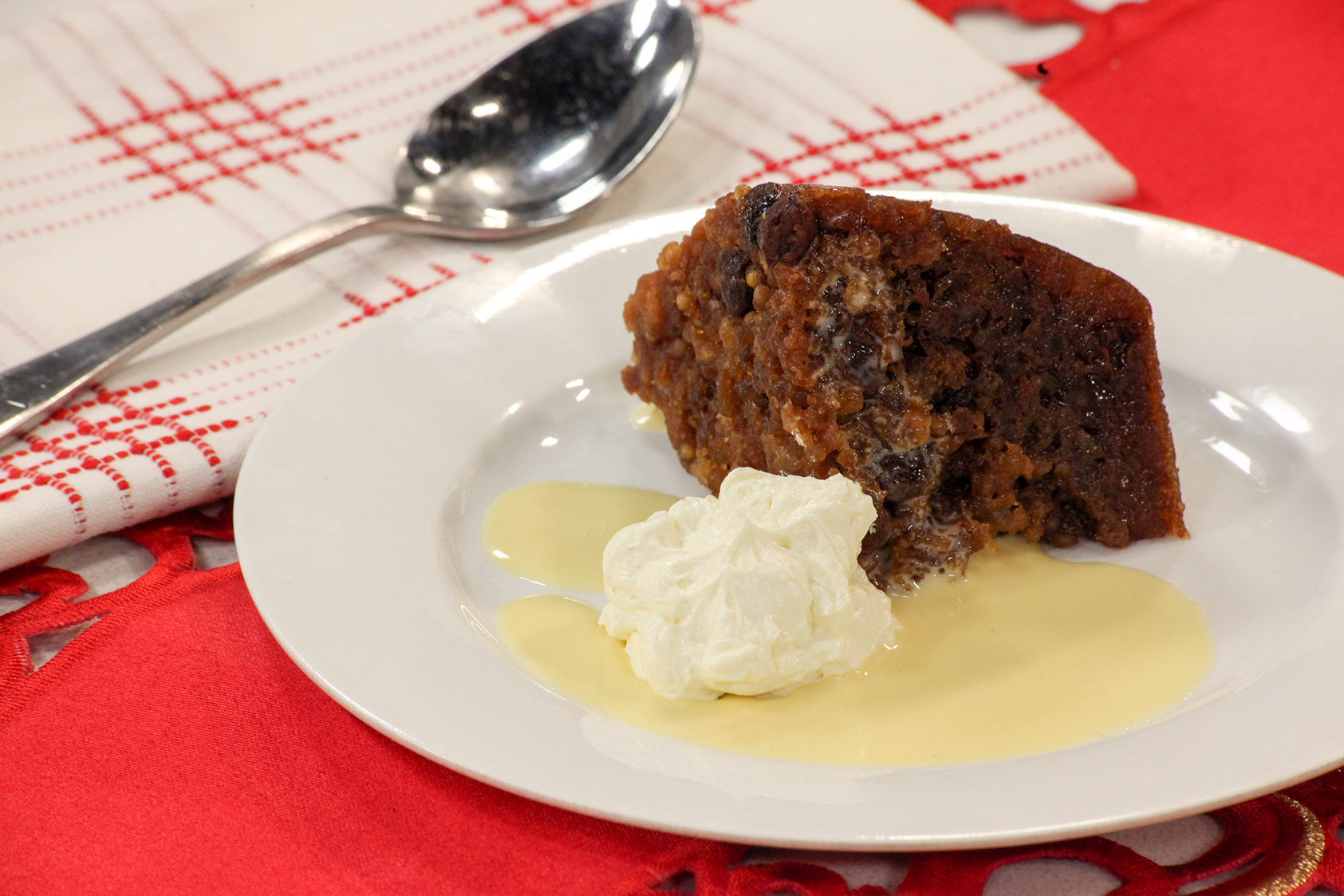 Sago Christmas Pudding with Custard and Brandy Butter