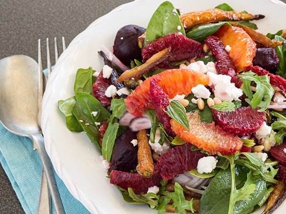 Redbelly Blood Orange Salad with Baby Beets, Feta and Pinenuts