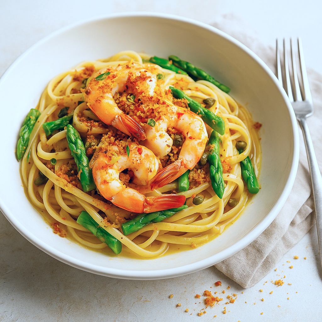 Prawn and Asparagus Linguine with Chilli Pangrattato