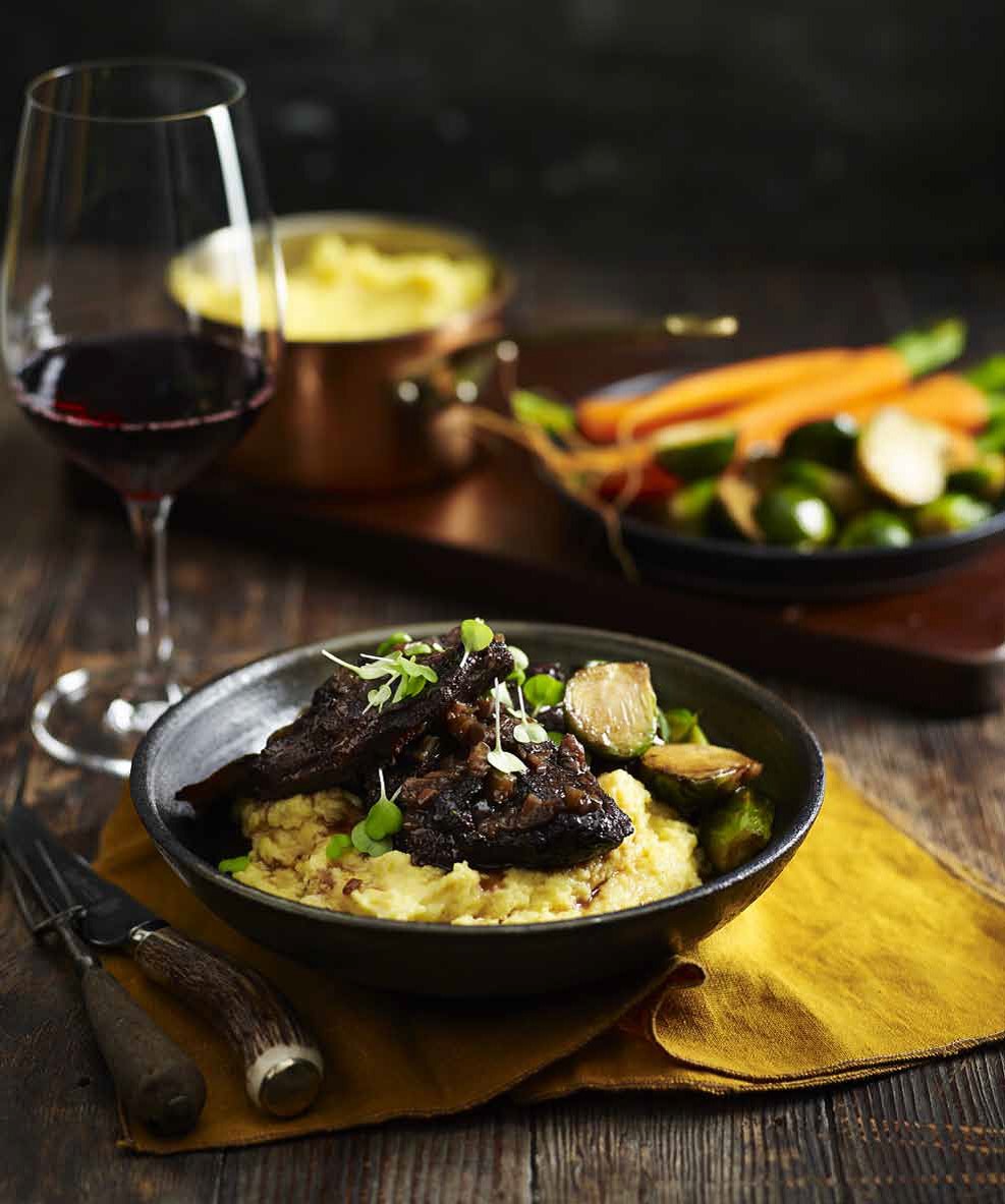 Beef Cheeks in Baharat Spice with Roasted Brussels Sprouts and Soft Polenta