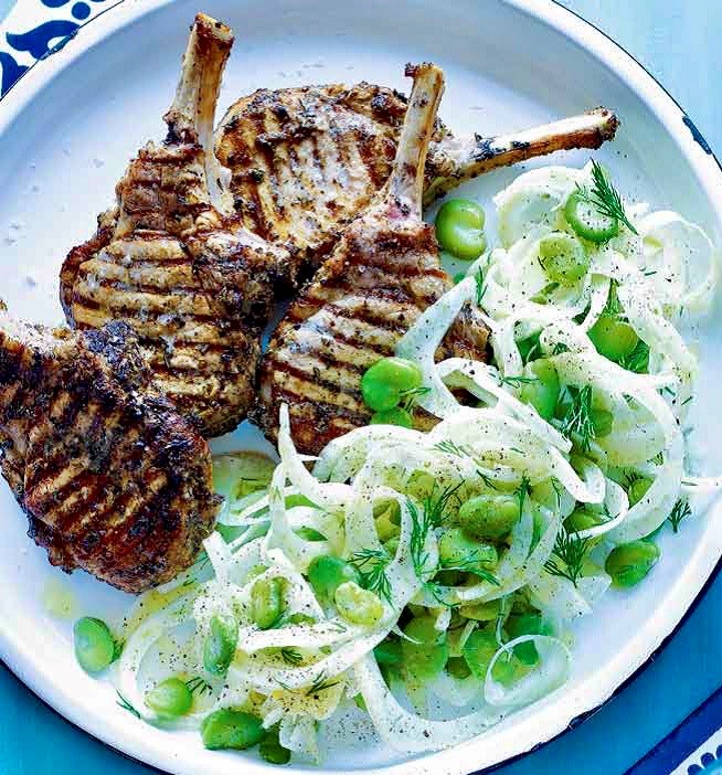 Greek-style Pork Cutlet with Skordalia, Fennel and Broadbean Salad, Grilled Flat Bread
