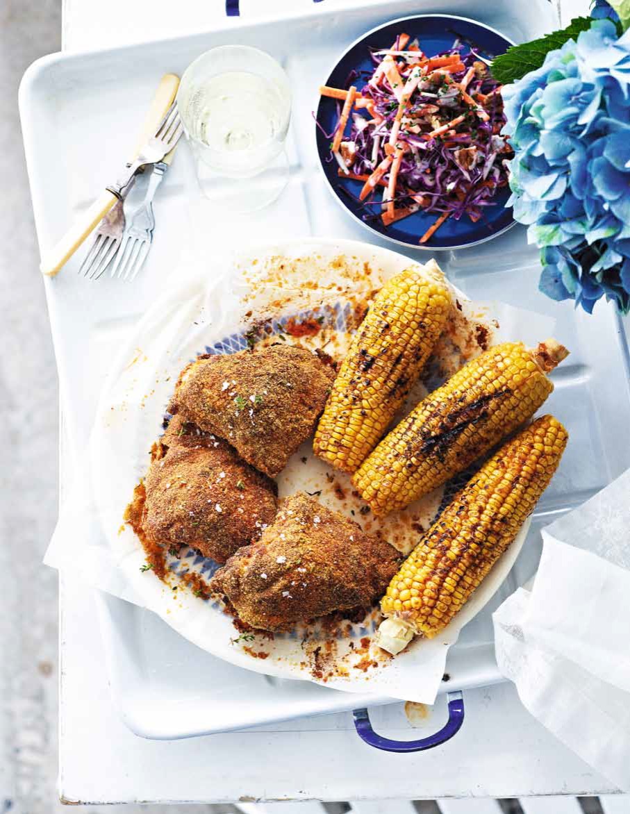 Baked ‘Southern Fried’ Buttermilk Chicken with Rainbow Slaw and Blackened Corn