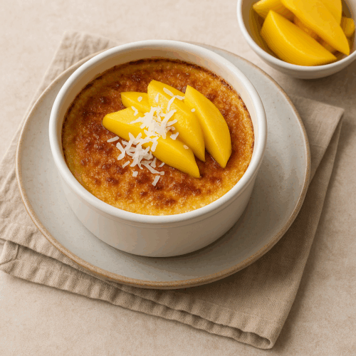 Baked Coconut Custard  with Mango
