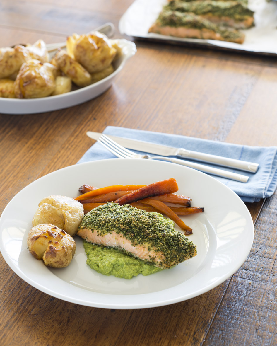 Herb Crusted Salmon, Pea Puree, Smashed Potatoes & Carrots