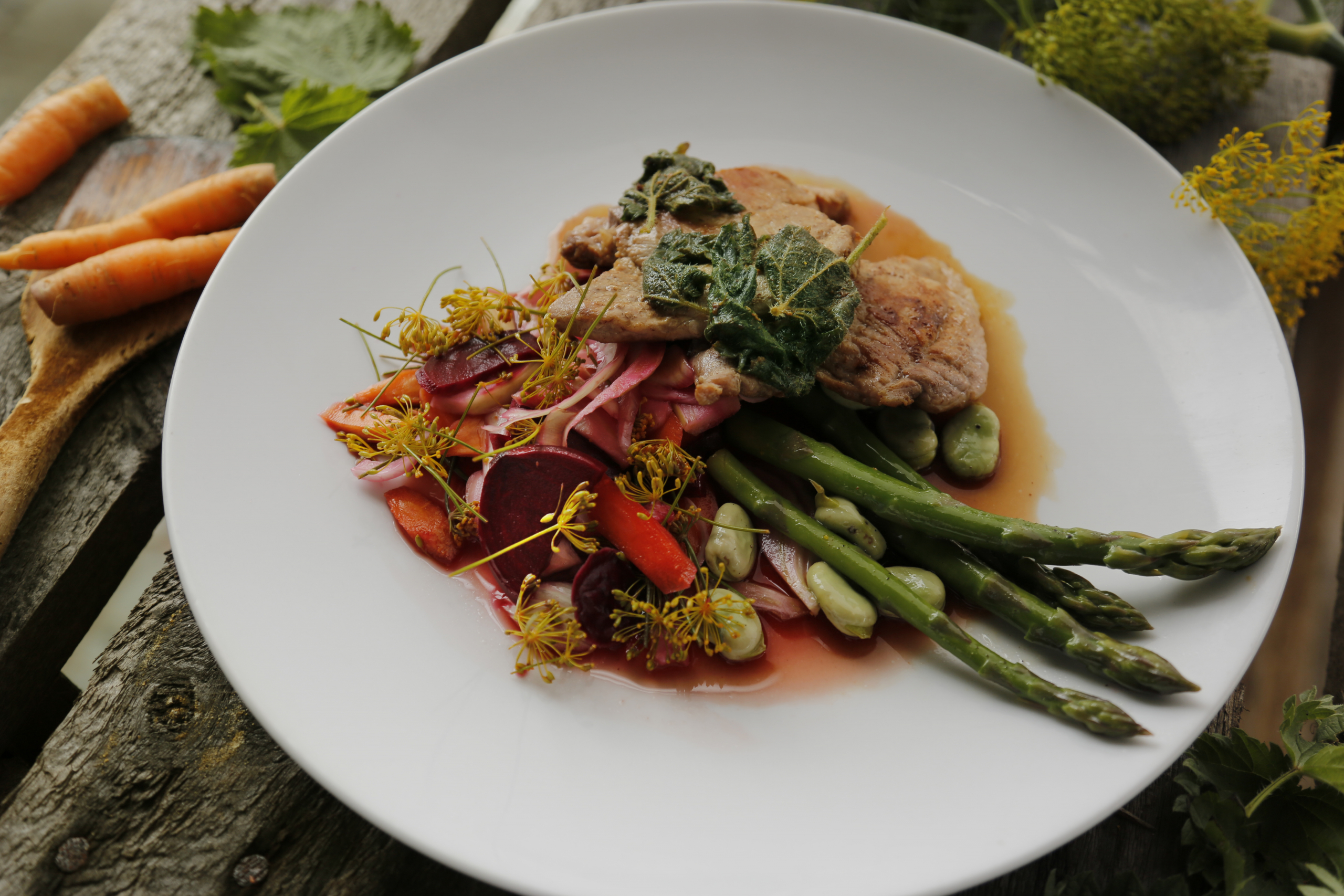 Pork Steaks, Quick Pickle, Asparagus & Broad Bean Salad