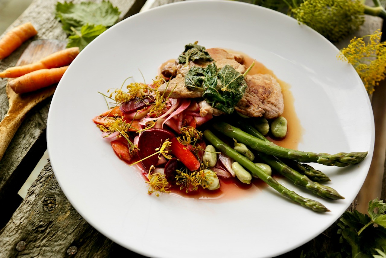 Pork Steaks, Quick Pickle, Asparagus & Broad Bean Salad