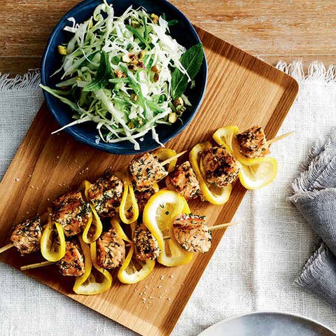 BBQ Salmon Skewers with Crunchy Slaw