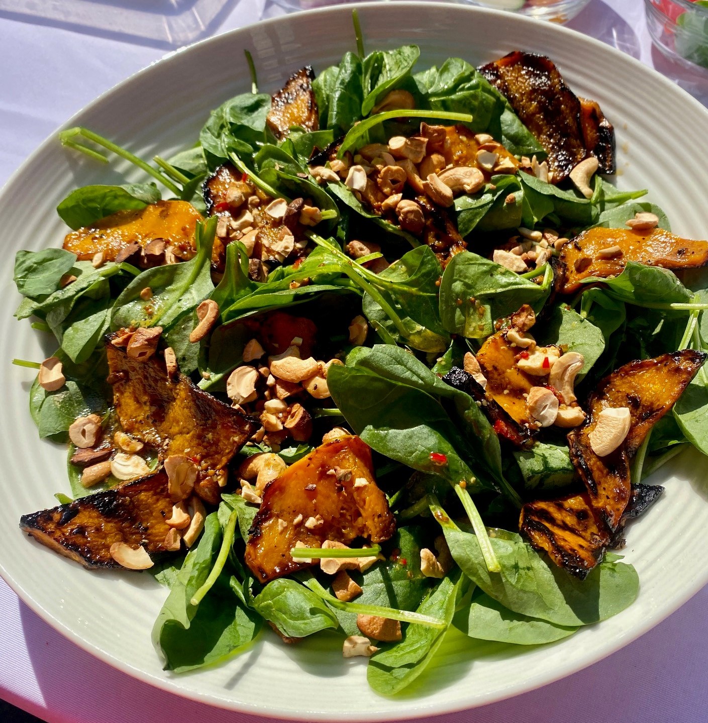 BBQ Pumpkin, Cashew & Spinach salad